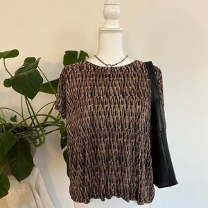 Vintage Y2K 90s Abstract Pleated Short Sleeve Brown Black Cream Top Paper Tag